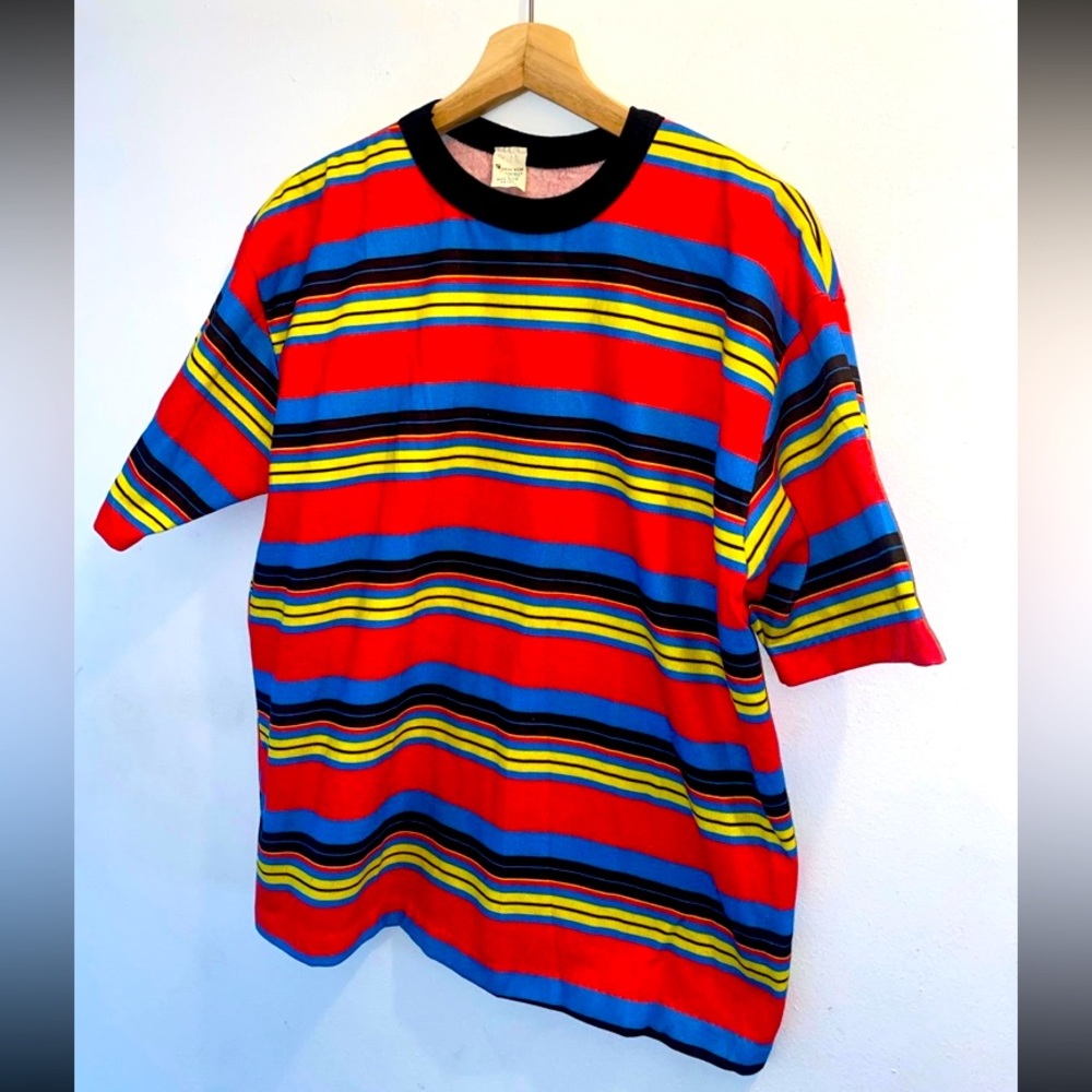 Vintage Colorful Striped Fleece T-Shirt Single Stitch size XL